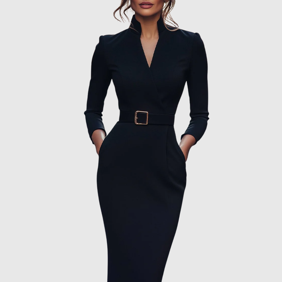 Dame Midi Kjole Med Mock Wrap Hals Elegant Blyantsilhuett 1
