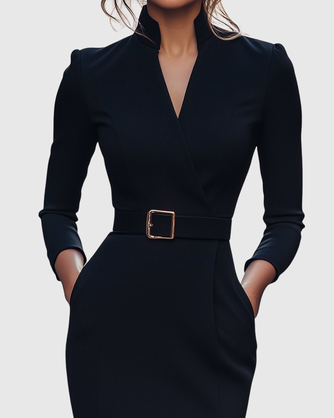 Dame Midi Kjole Med Mock Wrap Hals Elegant Blyantsilhuett 2