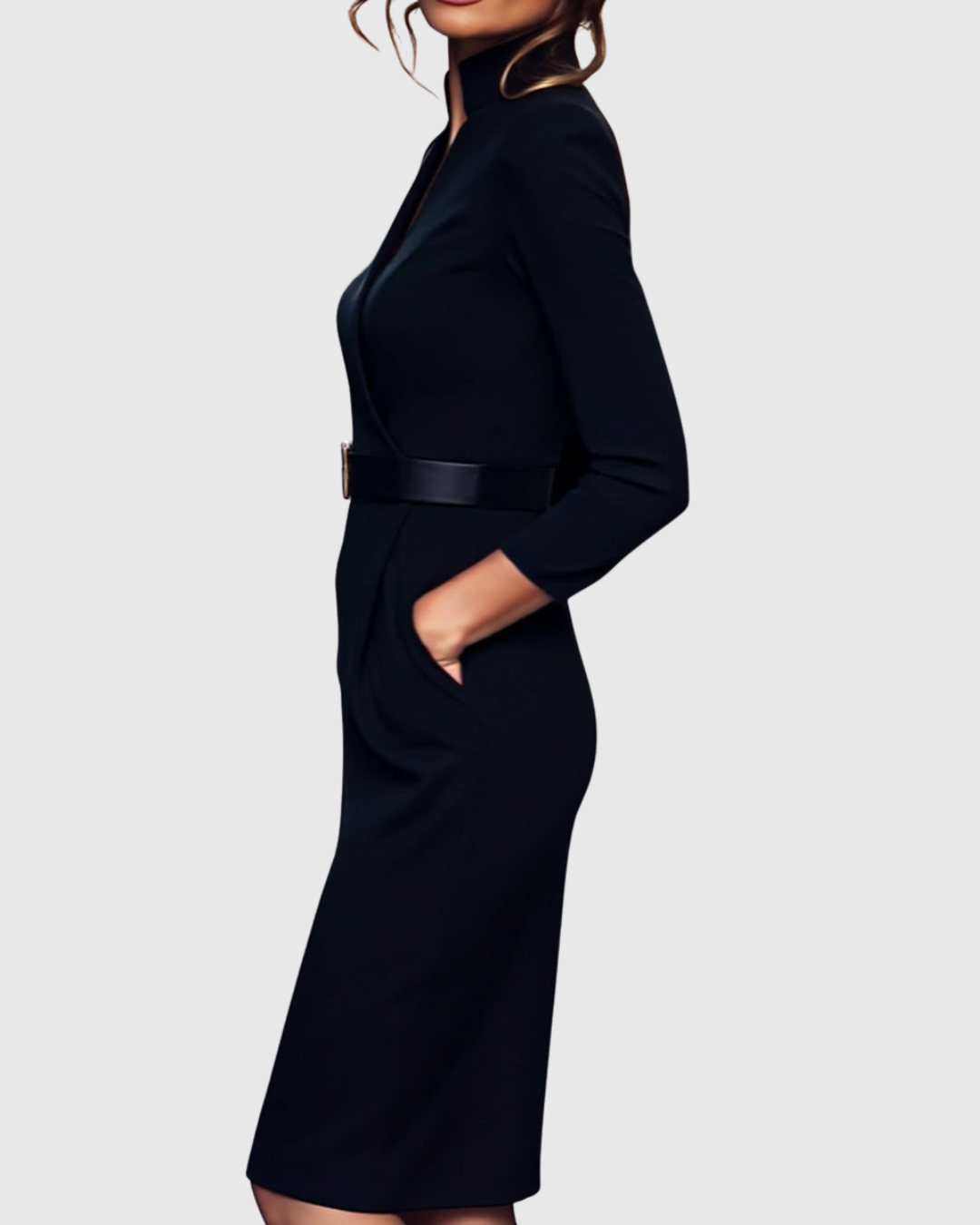 Dame Midi Kjole Med Mock Wrap Hals Elegant Blyantsilhuett 4