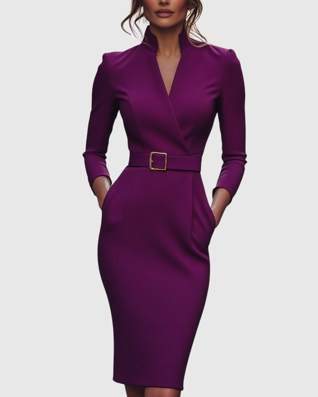 Dame Midi Kjole Med Mock Wrap Hals Elegant Blyantsilhuett 6