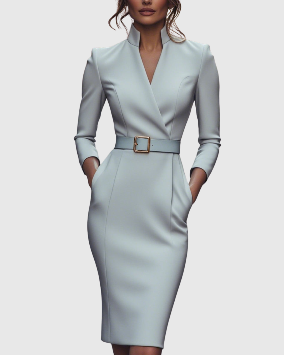 Dame Midi Kjole Med Mock Wrap Hals Elegant Blyantsilhuett 9