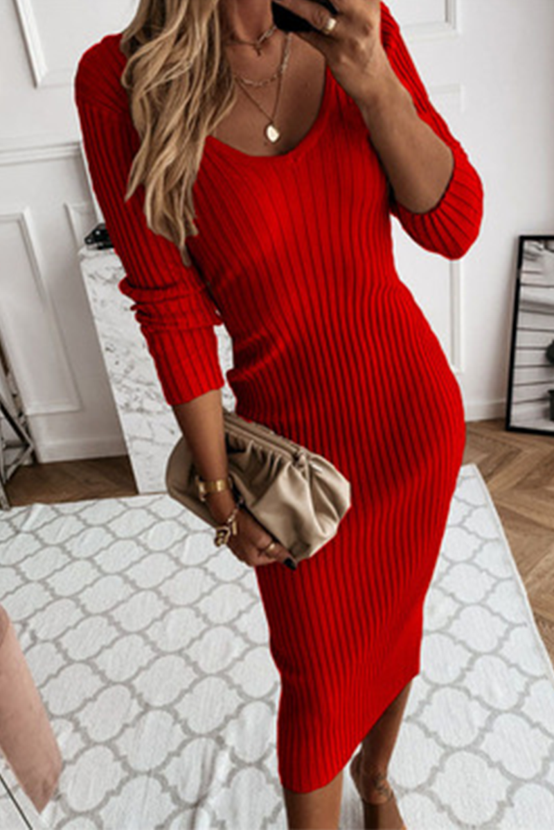 Dame Midi Kjole Ribbestrikket Bodycon 8