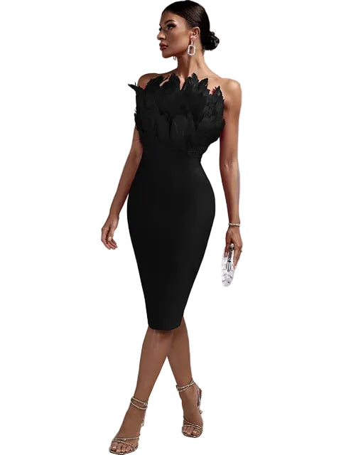 Dame Midi Kjole med Fjærdetaljer Stroppeløs Bodycon Design 0