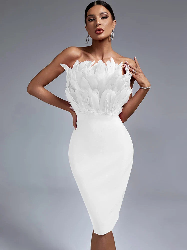 Dame Midi Kjole med Fjærdetaljer Stroppeløs Bodycon Design 1