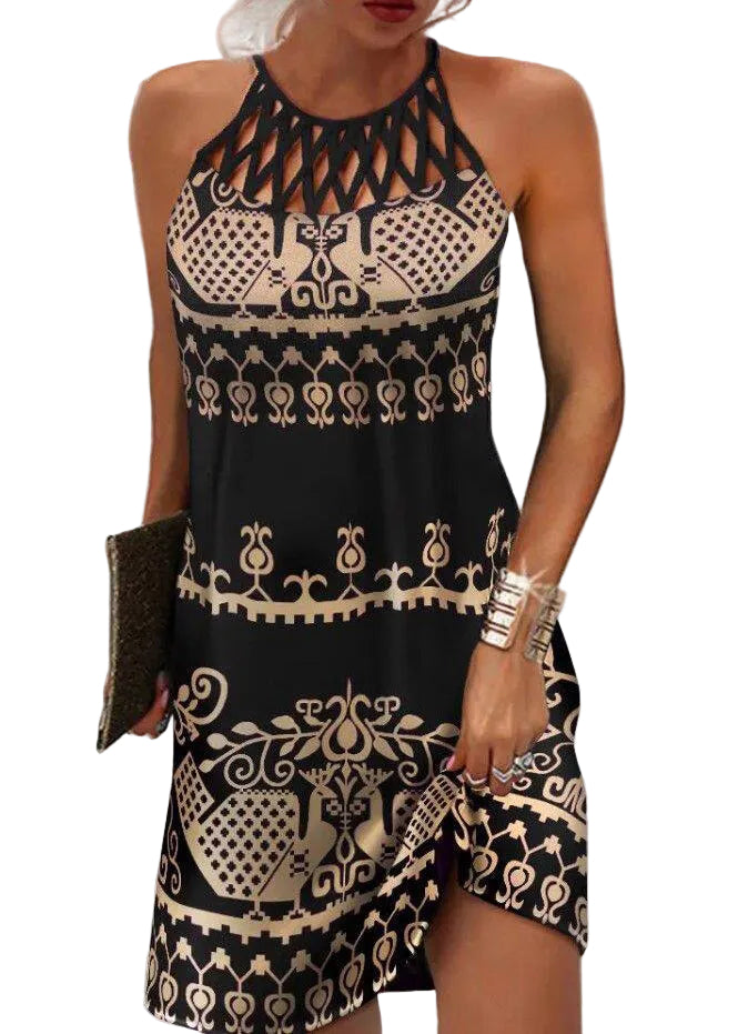 Dame Midikjole Bohemsk Halter Med Print og Utskåret Design 0