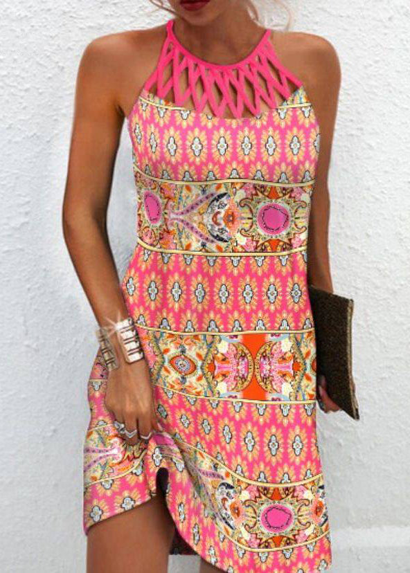 Dame Midikjole Bohemsk Halter Med Print og Utskåret Design 2