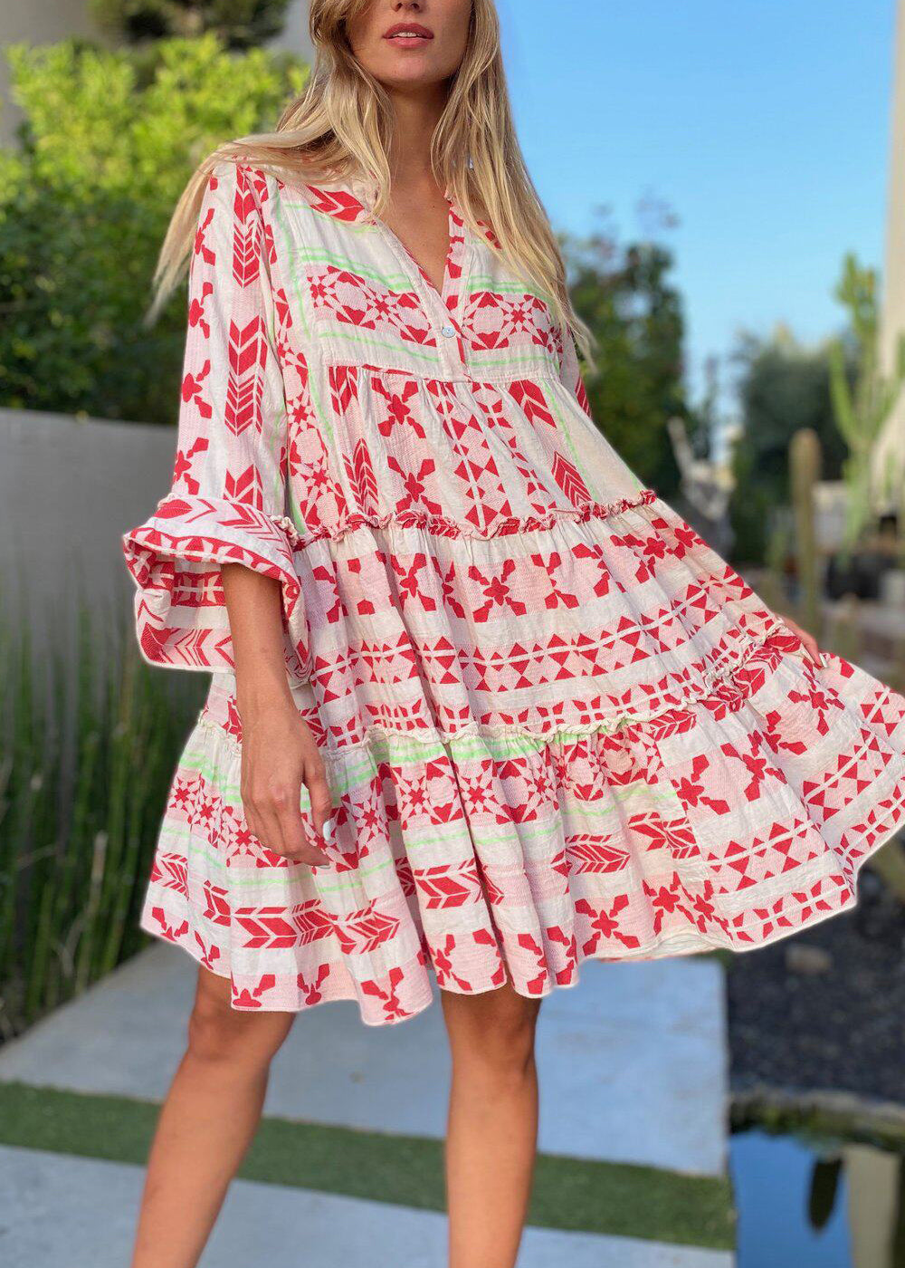 Dame Mini Kjole Oversized Trykket Kort Erme 0