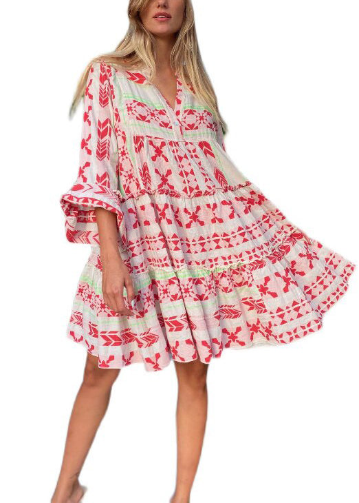 Dame Mini Kjole Oversized Trykket Kort Erme 4