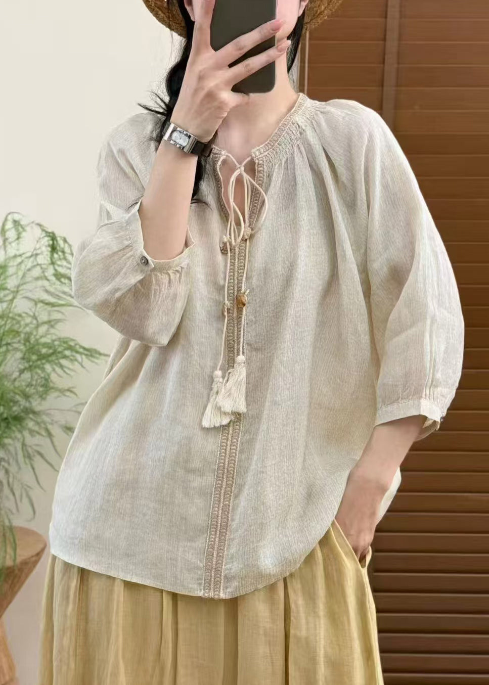 Dame Oversized Bluse med Blonde Detaljer 1