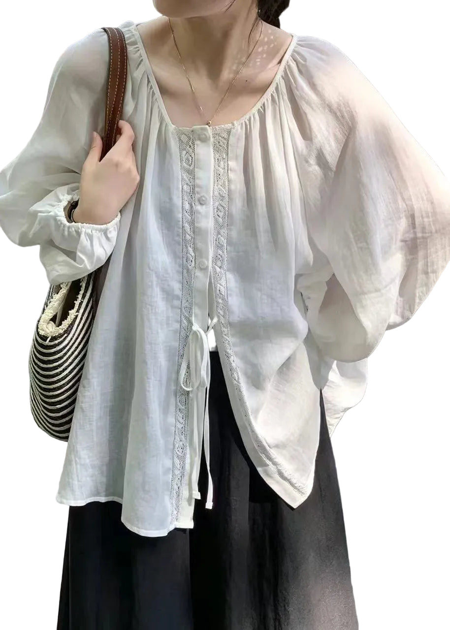 Dame Oversized Linskjorte med Snøring 0