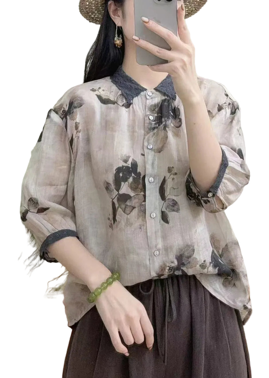 Dame Oversized Linskjorte med Trykk 0