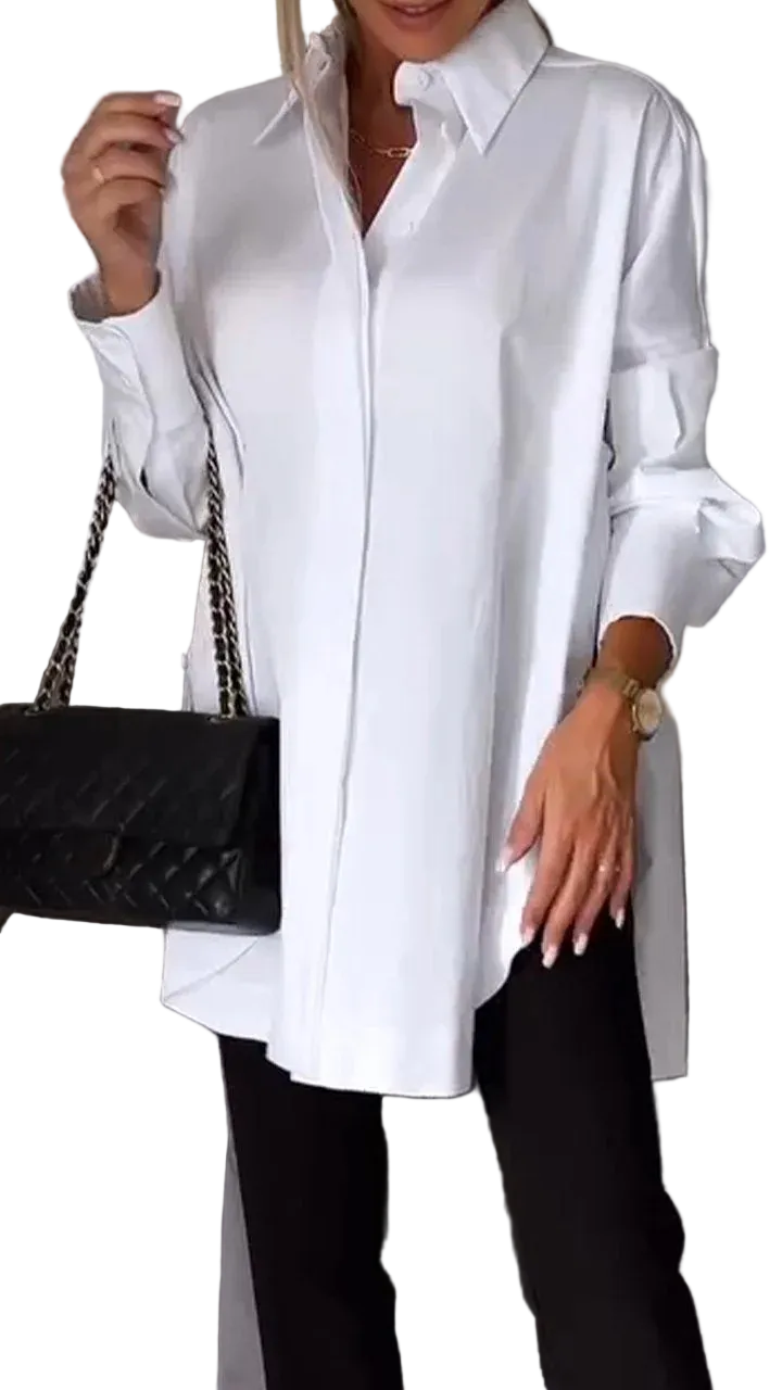Dame Oversized Skjorte med Oppbrettede Ermer 0