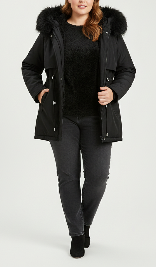 Dame Parkas med Justerbar Midje og Fuskepels Hette 1