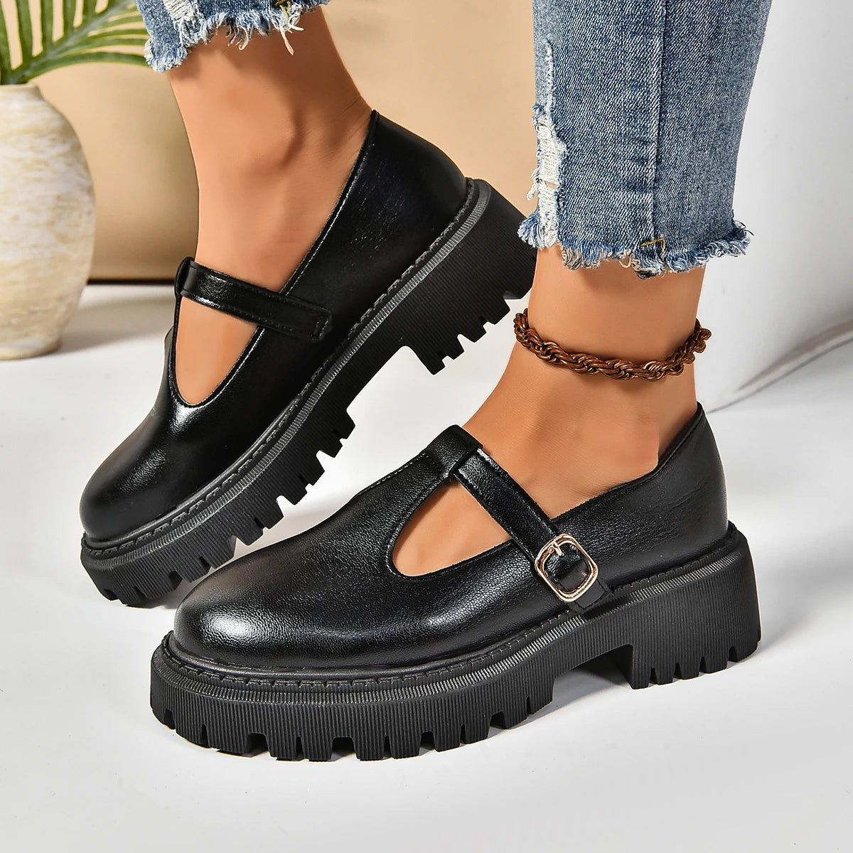 Dame Plattformsko Retro Design Med Chunky Gummiplattform 1