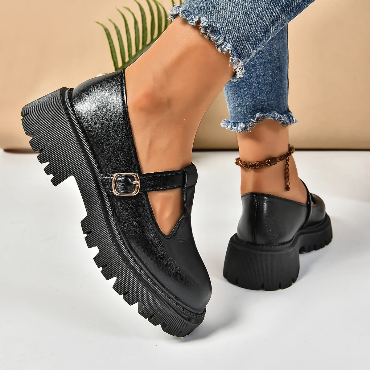 Dame Plattformsko Retro Design Med Chunky Gummiplattform 3