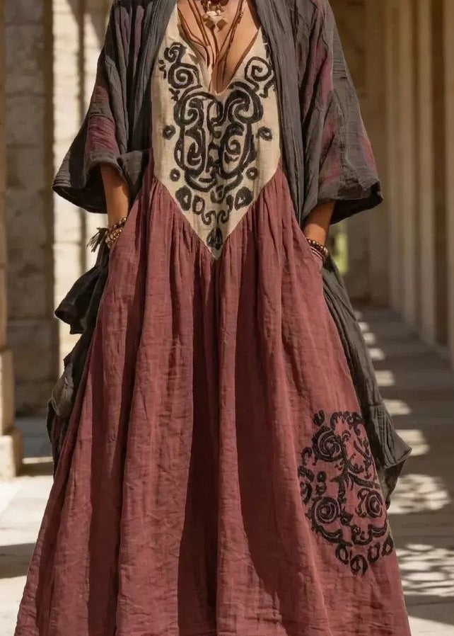 Dame Plus Size Cardigan med Kaffeprint og Lang Kjole Sett 1