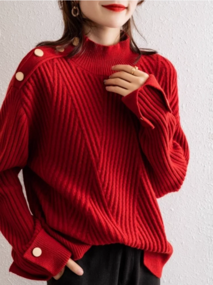 Dame Pullover Høy Hals Ribbestrikket Design 1