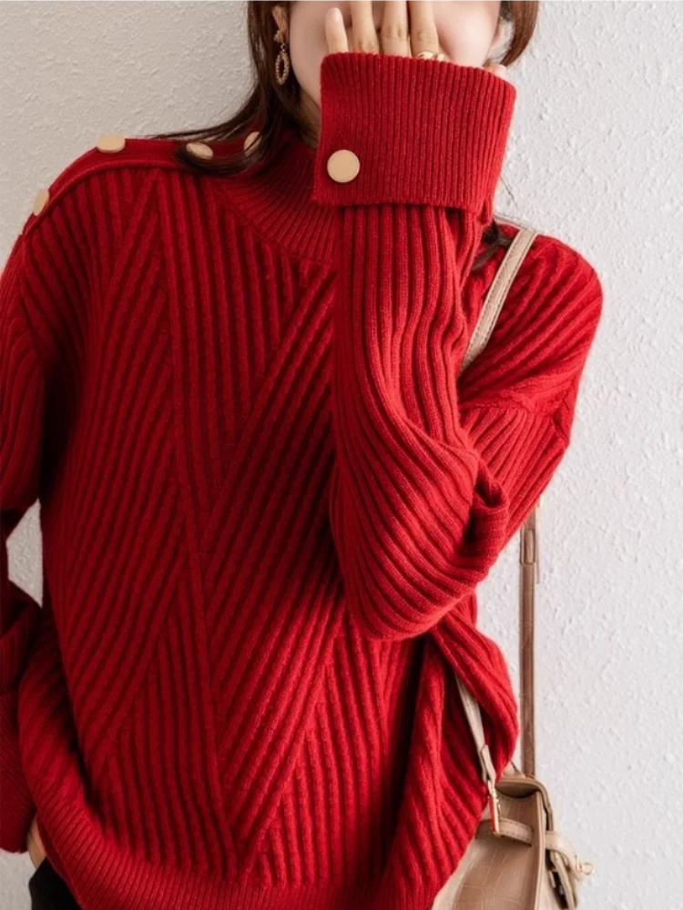 Dame Pullover Høy Hals Ribbestrikket Design 3