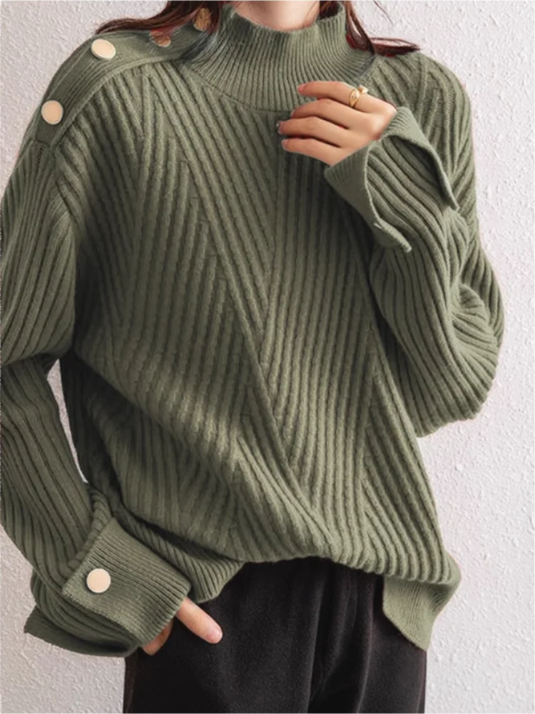 Dame Pullover Høy Hals Ribbestrikket Design 4