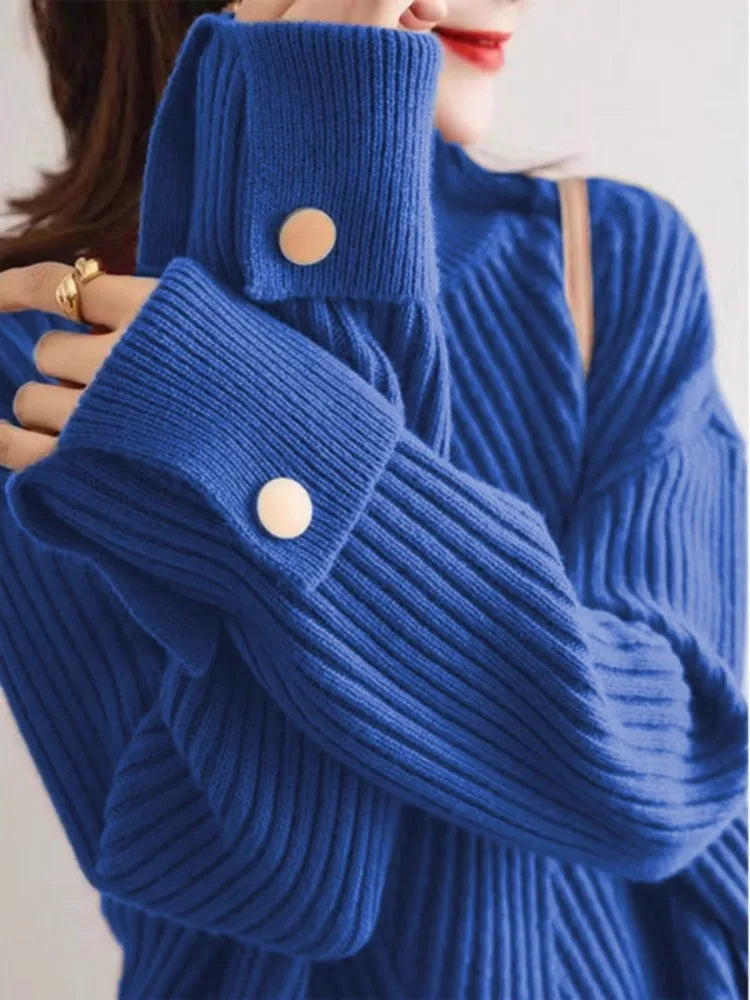Dame Pullover Høy Hals Ribbestrikket Design 8