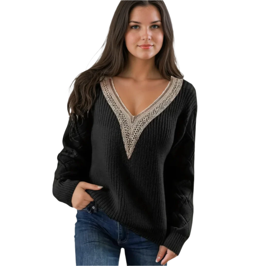 Dame Pullover Strikket med V-hals og Detaljerte Ermer 0