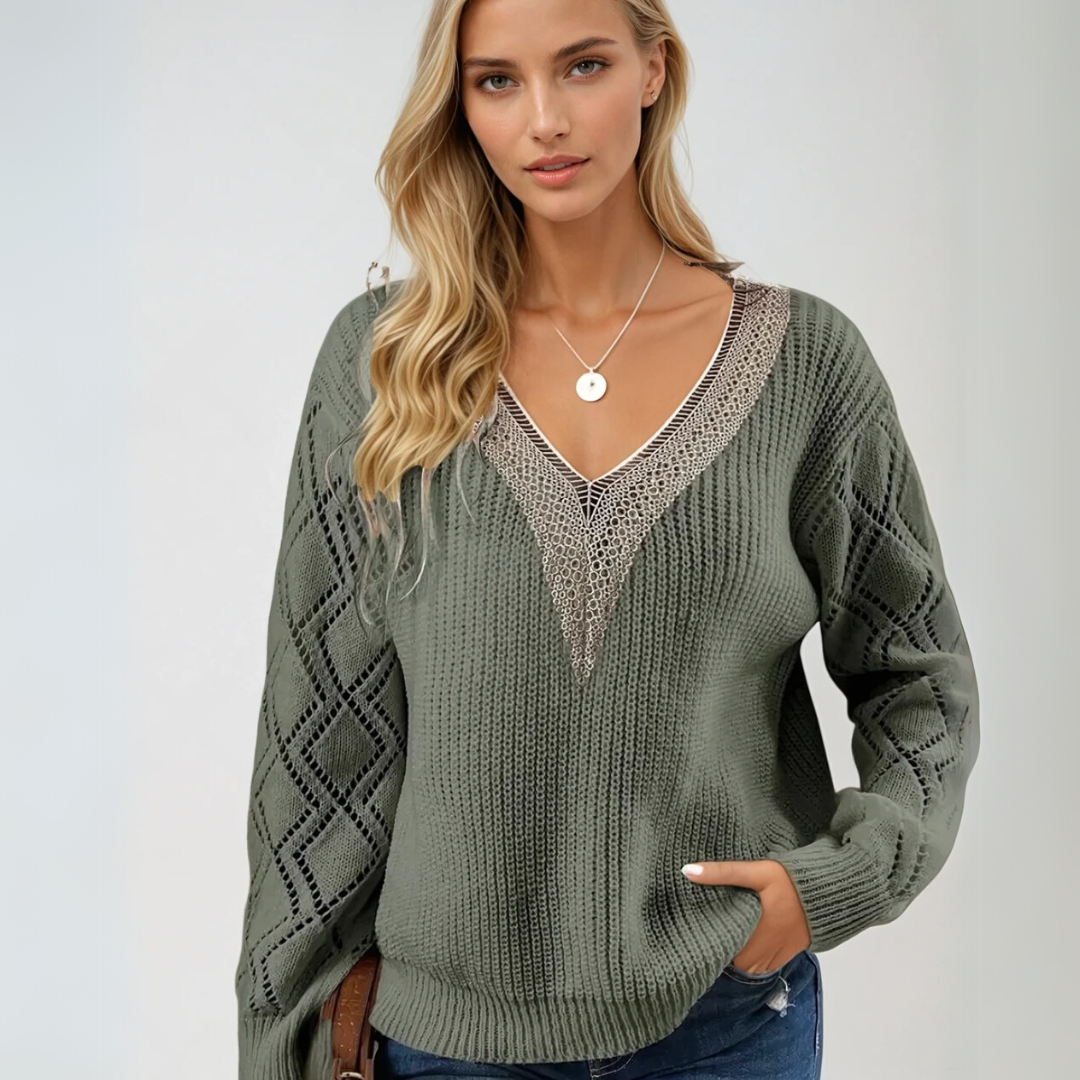 Dame Pullover Strikket med V-hals og Detaljerte Ermer 1