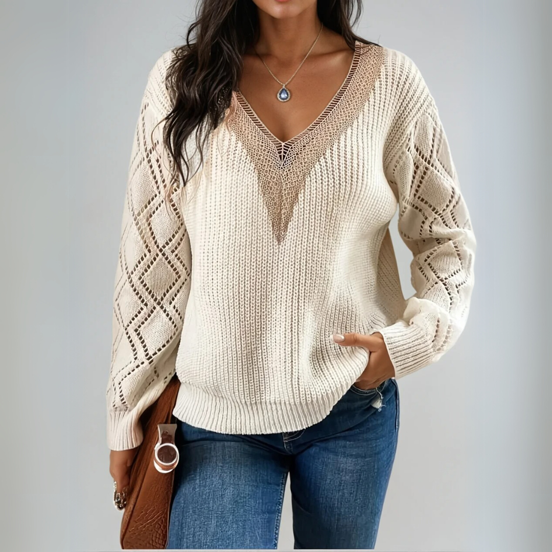 Dame Pullover Strikket med V-hals og Detaljerte Ermer 2