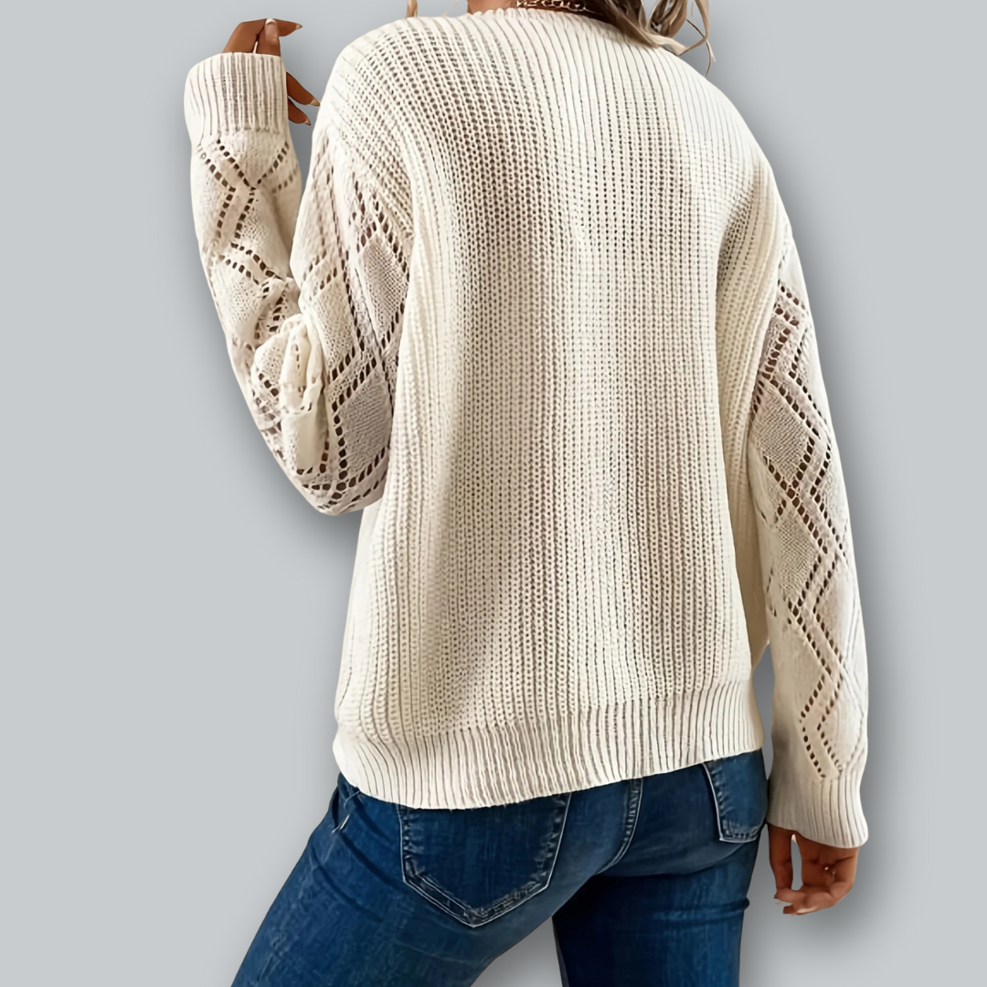 Dame Pullover Strikket med V-hals og Detaljerte Ermer 3