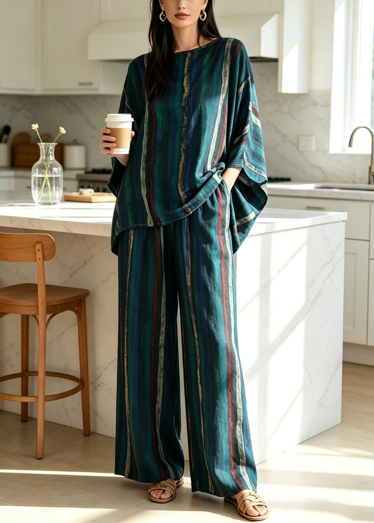 Dame Pyjamasett med Batwing Ermer og O-hals 1