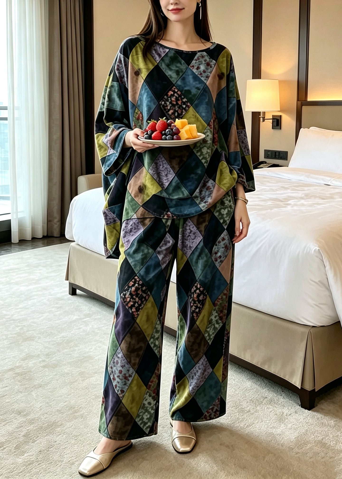 Dame Pyjamasett med Batwing Ermer og O-hals 2