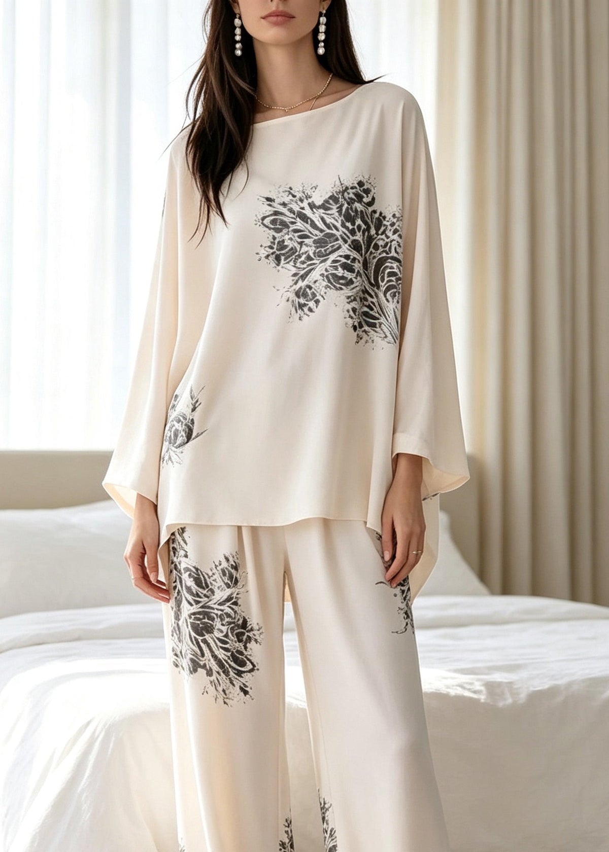 Dame Pyjamasett med Batwing Ermer og O-hals 3