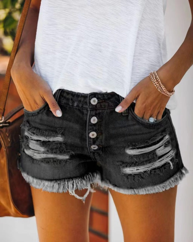 Dame Ripped Fringed Denim Shorts Mid Waist 5