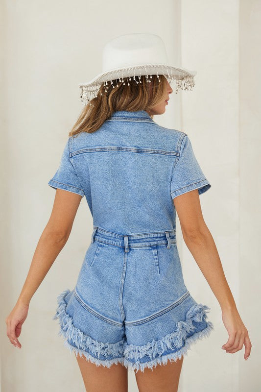 Dame Romper med Knapper og Frayed Hem i Denim 3