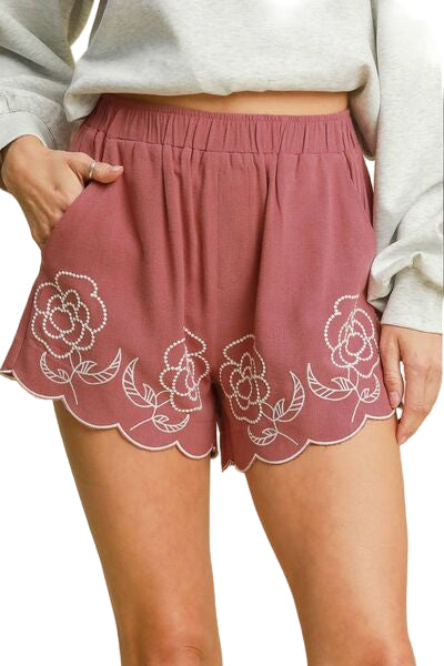 Dame Shorts Blomsterbroderi Linblanding Pustende Design 0