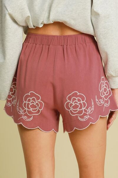 Dame Shorts Blomsterbroderi Linblanding Pustende Design 1
