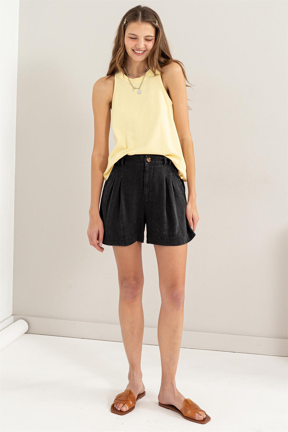 Dame Shorts Høyt Liv Plisseringer Rayon Lin 3