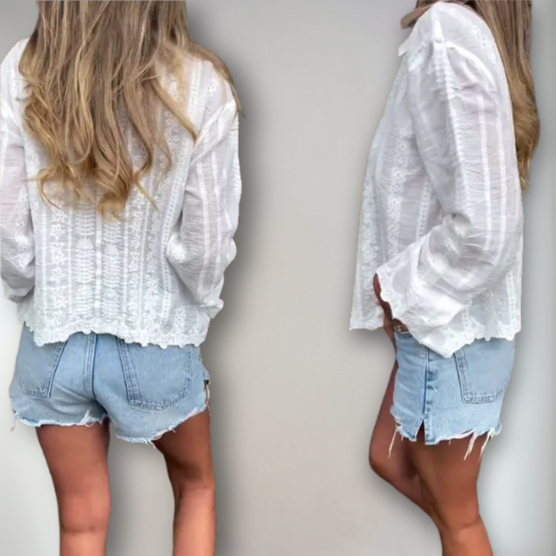 Dame Skjorte Polo Krage med Blonde Detaljer Lett Stoff 1