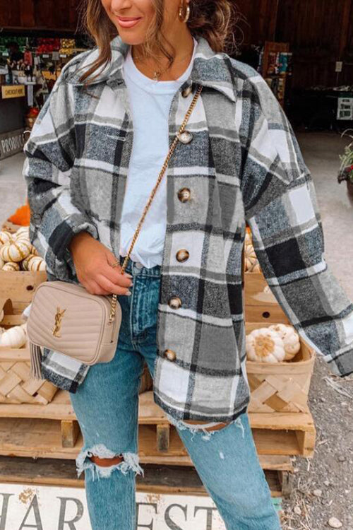 Dame Skjortefrakk Med Drop Shoulder Rutete Uformell Stil 2