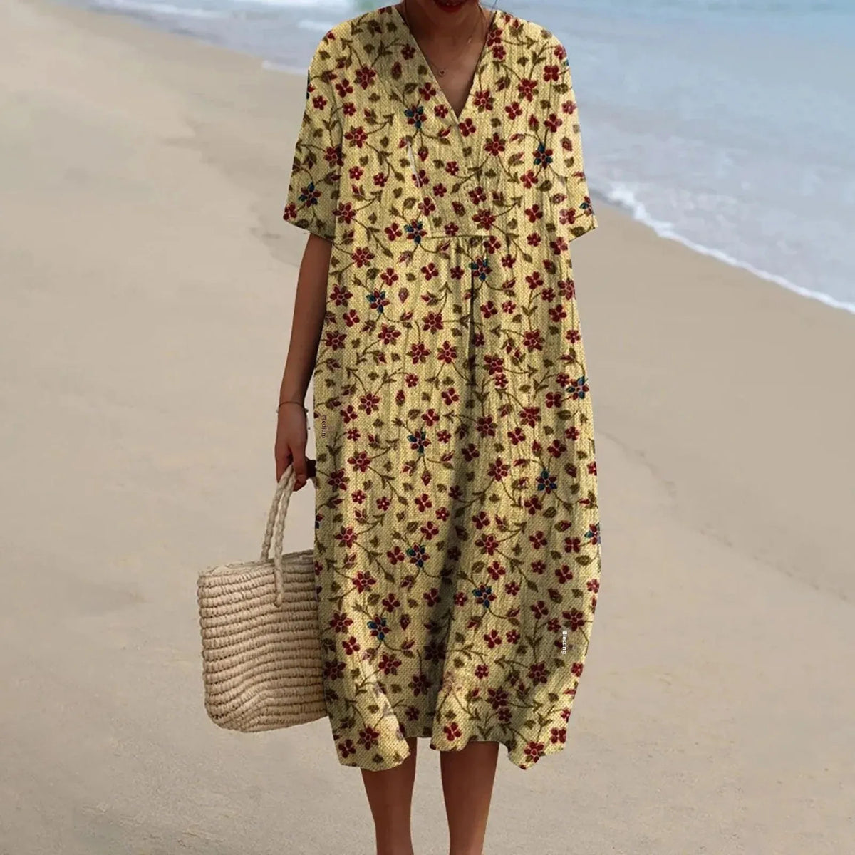 Dame Skjortekjole Kort Erme Blomstertrykk Lin 19