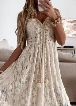 Dame Sommerkjole Bohemsk Stil med Blonder og Dekorative Detaljer 2