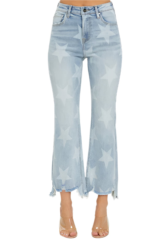 Dame Straight Jeans Høy Midje Stjerneprint Lys Denim 0