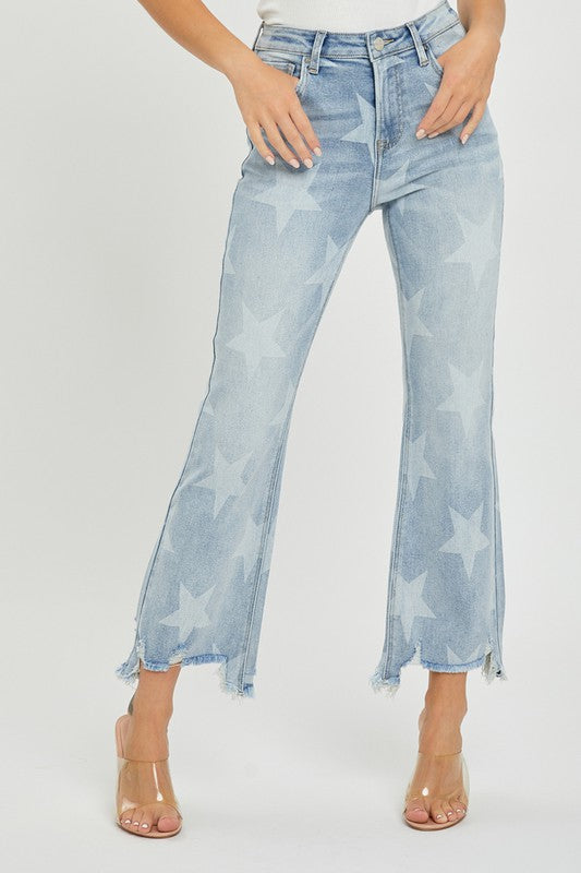 Dame Straight Jeans Høy Midje Stjerneprint Lys Denim 1