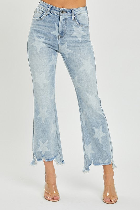 Dame Straight Jeans Høy Midje Stjerneprint Lys Denim 2