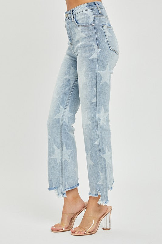 Dame Straight Jeans Høy Midje Stjerneprint Lys Denim 3