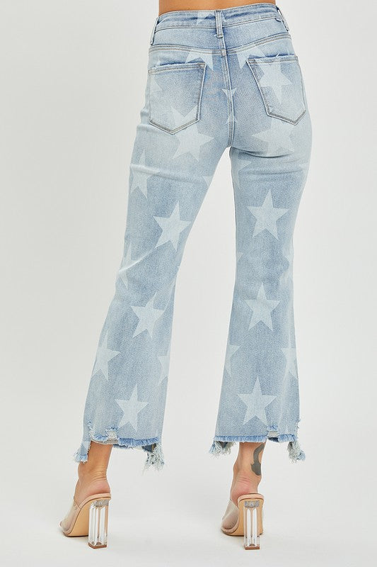Dame Straight Jeans Høy Midje Stjerneprint Lys Denim 4