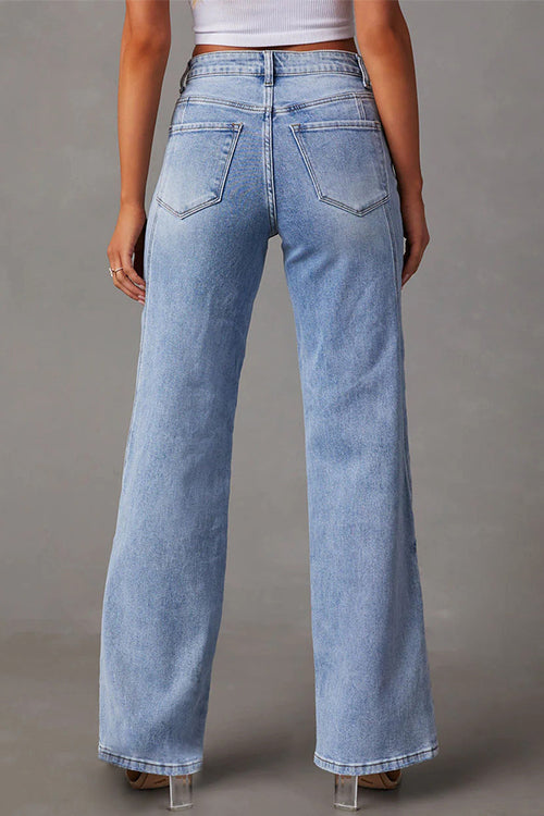 Dame Straight Leg Jeans med Slitte Detaljer 2