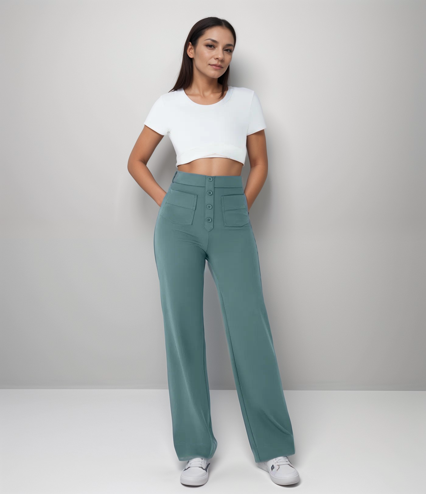 Dame Stretch Fit Bukser Høy Midje Bred Ben 6