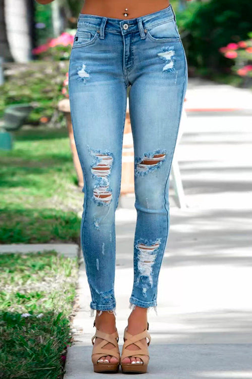 Dame Stretch Pencil Jeans med Rå Hem 2