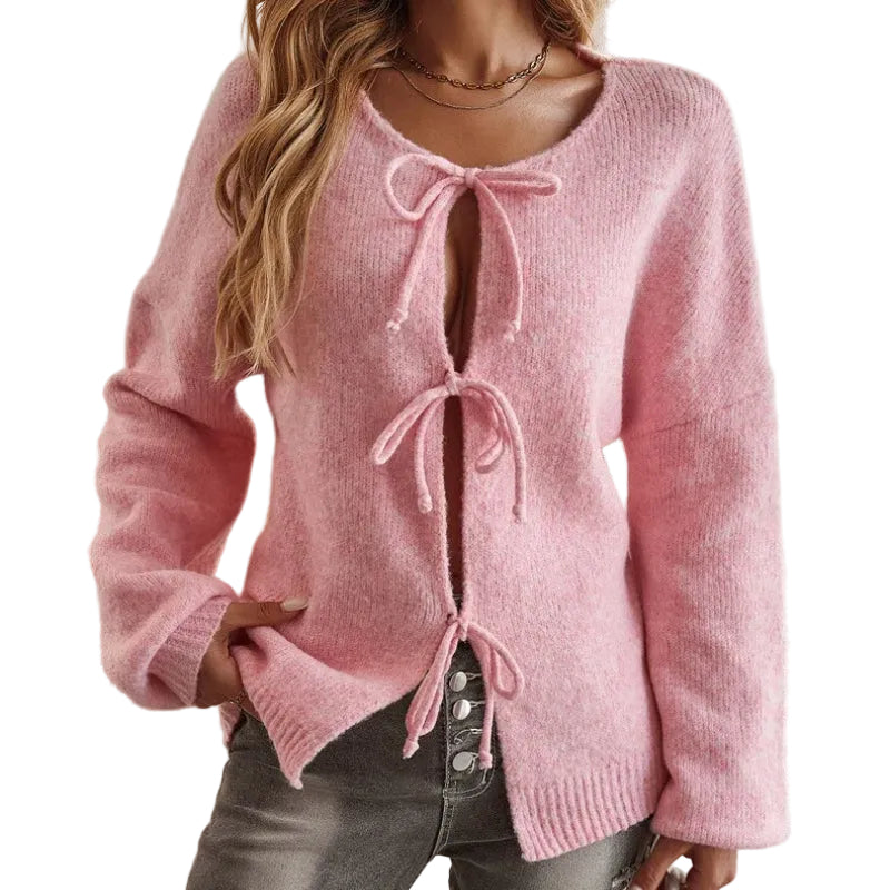 Dame Strikkegenser med Snøredetaljer Boho-Inspirert 0