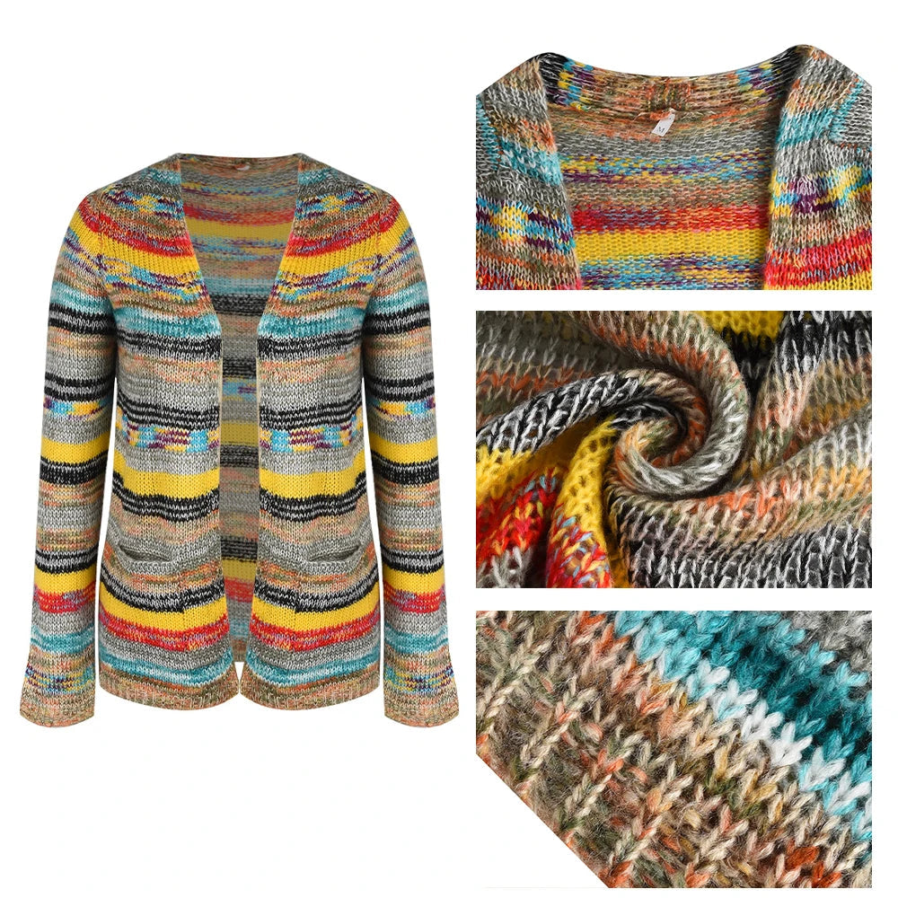 Dame Strikket Cardigan Tynn Løs Jakke 4